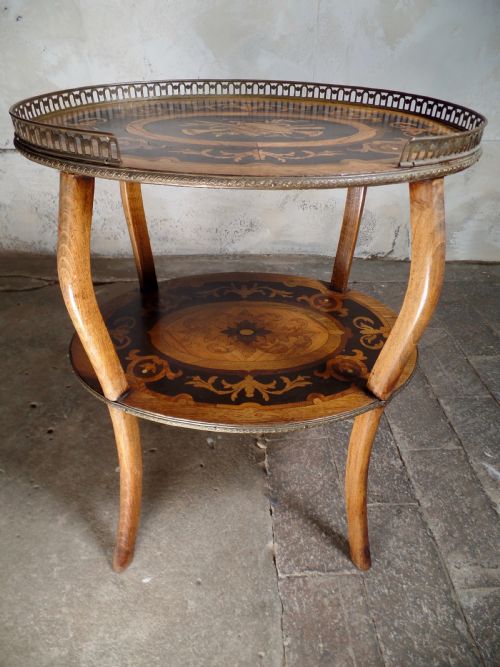 ANTIQUE FRENCH ETAGERE WALNUT BRONZE TWOTIER SIDE TABLE INLAID MARQUTERY - ADDITIONAL PHOTO 1