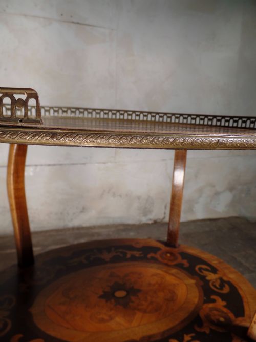 ANTIQUE FRENCH ETAGERE WALNUT BRONZE TWOTIER SIDE TABLE INLAID MARQUTERY - ADDITIONAL PHOTO 2