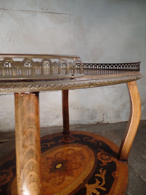 ANTIQUE FRENCH ETAGERE WALNUT BRONZE TWOTIER SIDE TABLE INLAID MARQUTERY - ADDITIONAL PHOTO 3