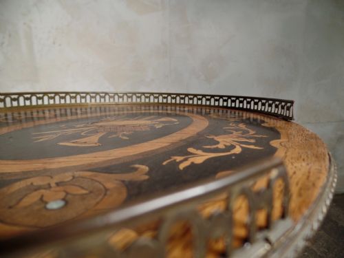 ANTIQUE FRENCH ETAGERE WALNUT BRONZE TWOTIER SIDE TABLE INLAID MARQUTERY - ADDITIONAL PHOTO 4