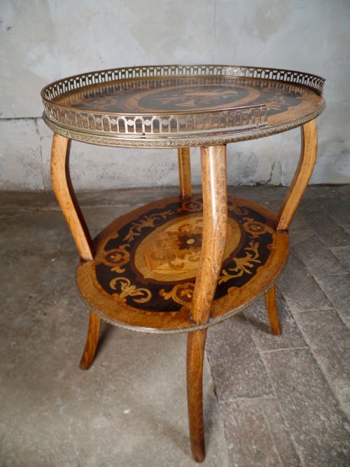 ANTIQUE FRENCH ETAGERE WALNUT BRONZE TWOTIER SIDE TABLE INLAID MARQUTERY - ADDITIONAL PHOTO 6
