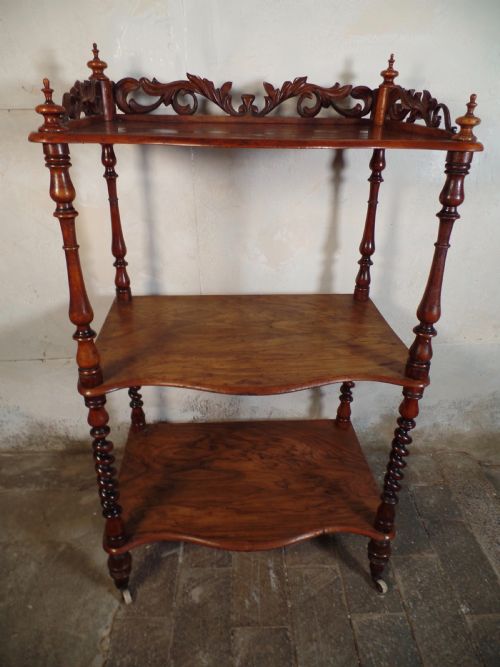 antique victorian 3 tier barley twist mahogany whatnot shelves carved - CATEGORY: ANTIQUE FURNITURE - DATED VICTORIAN