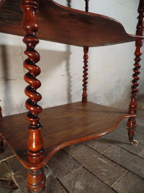 ANTIQUE VICTORIAN 3 TIER BARLEY TWIST MAHOGANY WHATNOT SHELVES CARVED - ADDITIONAL PHOTO 2