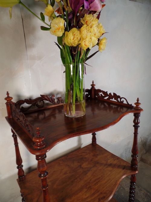 ANTIQUE VICTORIAN 3 TIER BARLEY TWIST MAHOGANY WHATNOT SHELVES CARVED - ADDITIONAL PHOTO 7