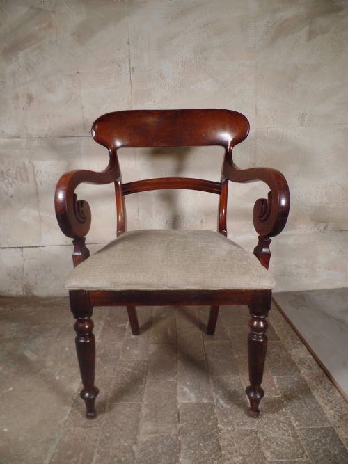 antique william iv regency mahogany libray desk elbow chair scroll upholstered - CATEGORY: ANTIQUE CHAIRS - DATED REGENCY