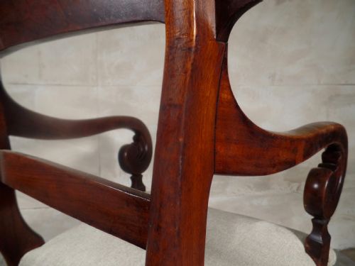 ANTIQUE WILLIAM IV REGENCY MAHOGANY LIBRAY DESK ELBOW CHAIR SCROLL UPHOLSTERED - ADDITIONAL PHOTO 1