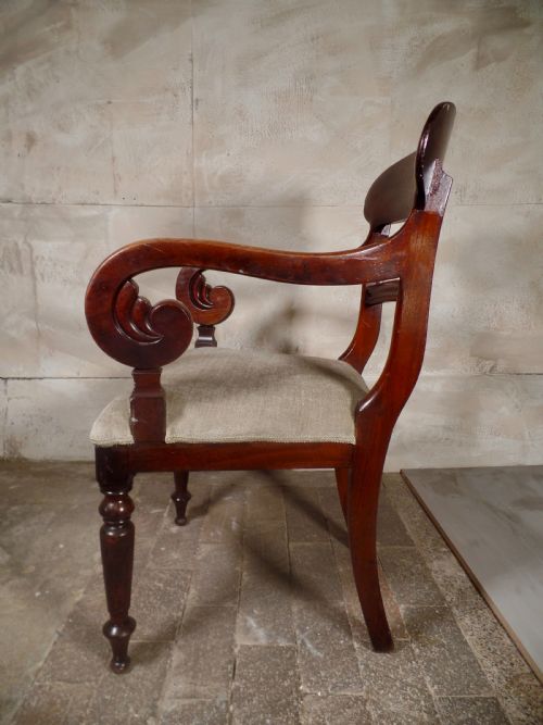 ANTIQUE WILLIAM IV REGENCY MAHOGANY LIBRAY DESK ELBOW CHAIR SCROLL UPHOLSTERED - ADDITIONAL PHOTO 2