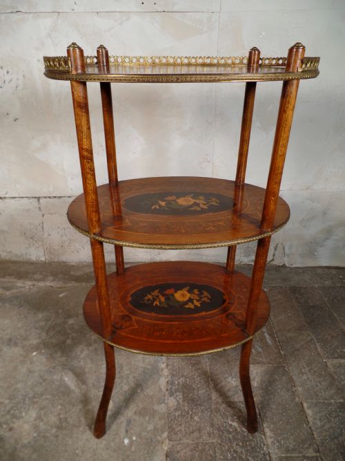 antique french etagere walnut bronze threetier side table marquetry inlaid - CATEGORY: ANTIQUE FURNITURE - DATED 19TH CENTURY