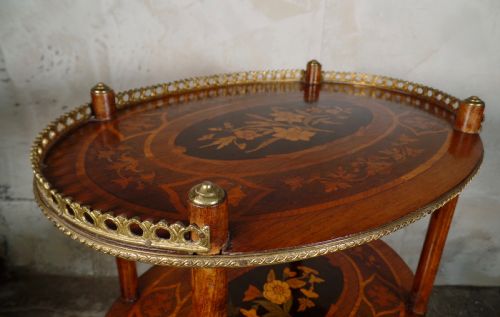 ANTIQUE FRENCH ETAGERE WALNUT BRONZE THREETIER SIDE TABLE MARQUETRY INLAID - ADDITIONAL PHOTO 1