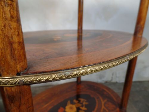 ANTIQUE FRENCH ETAGERE WALNUT BRONZE THREETIER SIDE TABLE MARQUETRY INLAID - ADDITIONAL PHOTO 2