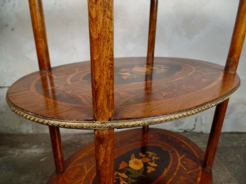 ANTIQUE FRENCH ETAGERE WALNUT BRONZE THREETIER SIDE TABLE MARQUETRY INLAID - ADDITIONAL PHOTO 5