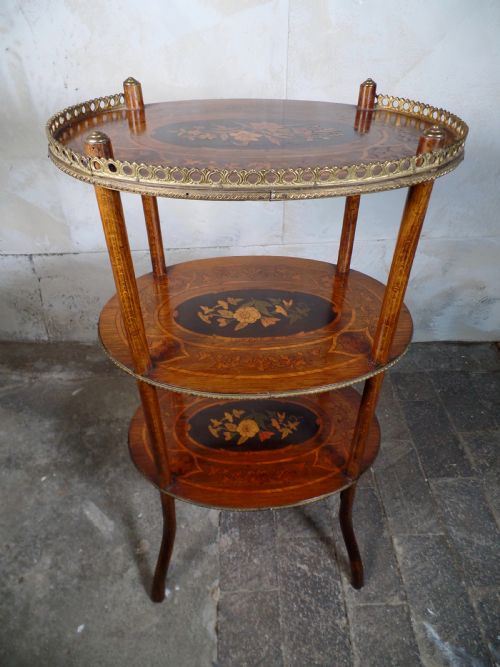 ANTIQUE FRENCH ETAGERE WALNUT BRONZE THREETIER SIDE TABLE MARQUETRY INLAID - ADDITIONAL PHOTO 6