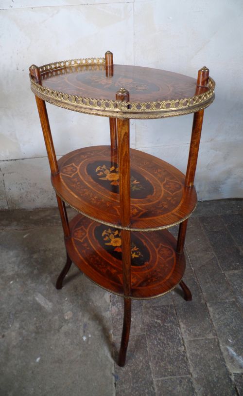 ANTIQUE FRENCH ETAGERE WALNUT BRONZE THREETIER SIDE TABLE MARQUETRY INLAID - ADDITIONAL PHOTO 7