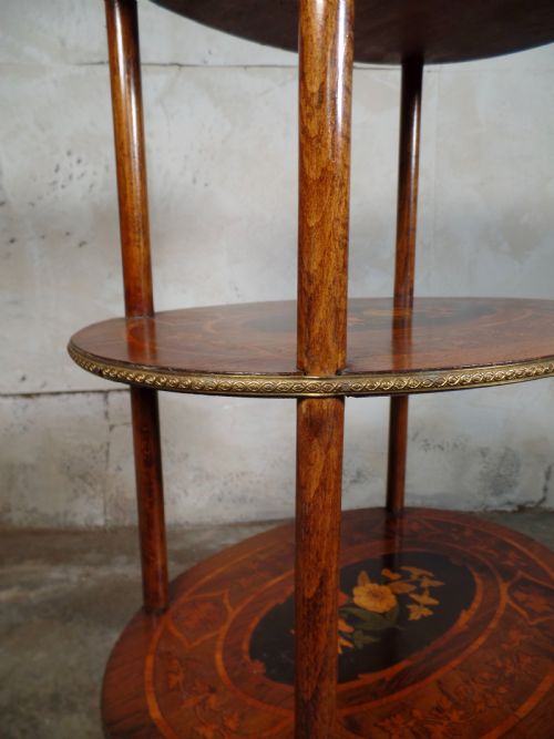 ANTIQUE FRENCH ETAGERE WALNUT BRONZE THREETIER SIDE TABLE MARQUETRY INLAID - ADDITIONAL PHOTO 8