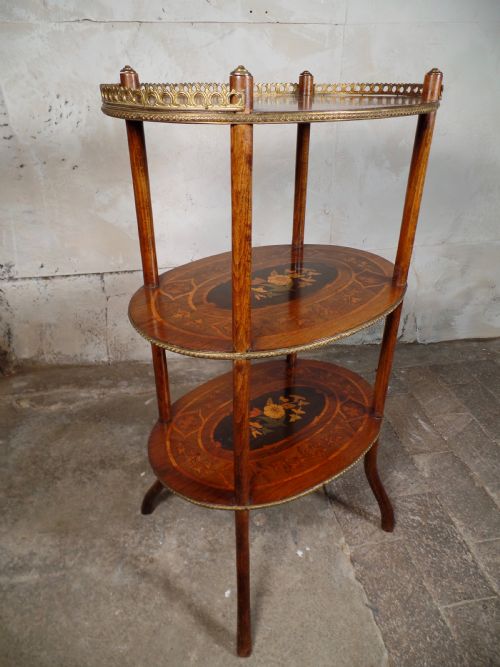 ANTIQUE FRENCH ETAGERE WALNUT BRONZE THREETIER SIDE TABLE MARQUETRY INLAID - ADDITIONAL PHOTO 9