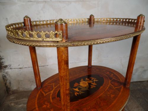 ANTIQUE FRENCH ETAGERE WALNUT BRONZE THREETIER SIDE TABLE MARQUETRY INLAID - ADDITIONAL PHOTO 10