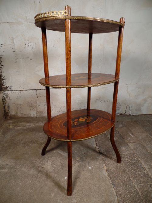 ANTIQUE FRENCH ETAGERE WALNUT BRONZE THREETIER SIDE TABLE MARQUETRY INLAID - ADDITIONAL PHOTO 11