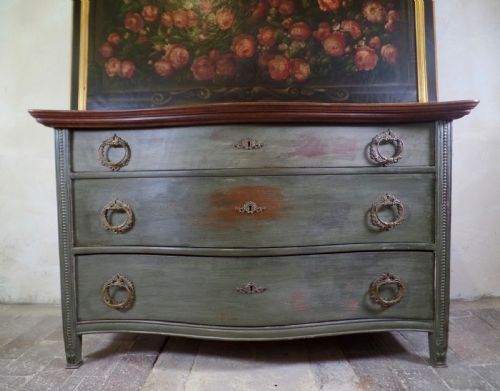 antique french continental serpentine oak chest of drawers painted green with brass handles - CATEGORY: ANTIQUE CHEST OF DRAWERS - DATED 19TH CENTURY