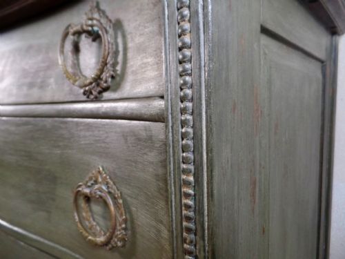 ANTIQUE FRENCH CONTINENTAL SERPENTINE OAK CHEST OF DRAWERS PAINTED GREEN WITH BRASS HANDLES - ADDITIONAL PHOTO 2