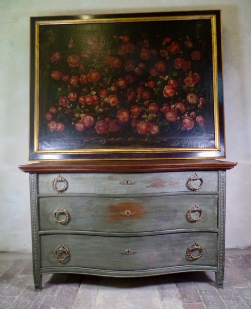 ANTIQUE FRENCH CONTINENTAL SERPENTINE OAK CHEST OF DRAWERS PAINTED GREEN WITH BRASS HANDLES - ADDITIONAL PHOTO 7