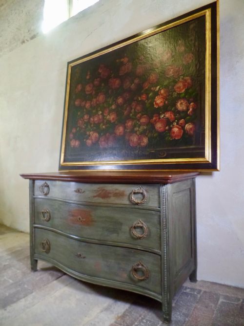 ANTIQUE FRENCH CONTINENTAL SERPENTINE OAK CHEST OF DRAWERS PAINTED GREEN WITH BRASS HANDLES - ADDITIONAL PHOTO 12