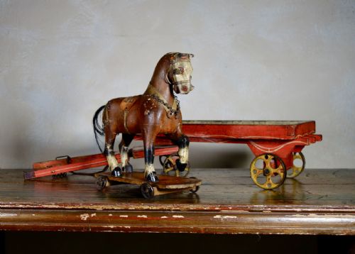 A DECORATIVE ANTIQUE 19TH CENTURY PAINTED POLYCHROME FOLK CARVED PULL HORSE TOY - ADDITIONAL PHOTO 13