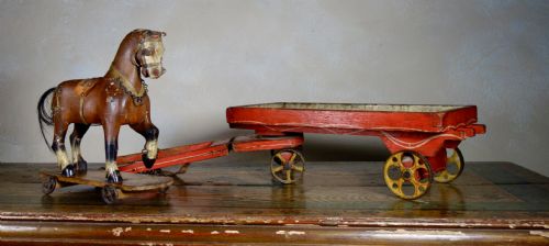 A DECORATIVE ANTIQUE 19TH CENTURY PAINTED POLYCHROME FOLK CARVED PULL HORSE TOY - ADDITIONAL PHOTO 15