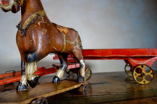 A DECORATIVE ANTIQUE 19TH CENTURY PAINTED POLYCHROME FOLK CARVED PULL HORSE TOY - ADDITIONAL PHOTO 18