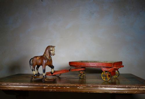 A DECORATIVE ANTIQUE 19TH CENTURY PAINTED POLYCHROME FOLK CARVED PULL HORSE TOY - ADDITIONAL PHOTO 22