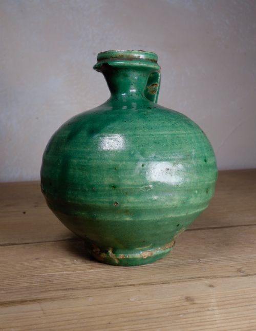AN ANTIQUE FRENCH GREEN OLIVE OIL JUG - ADDITIONAL PHOTO 3