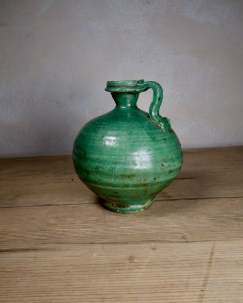 AN ANTIQUE FRENCH GREEN OLIVE OIL JUG - ADDITIONAL PHOTO 1