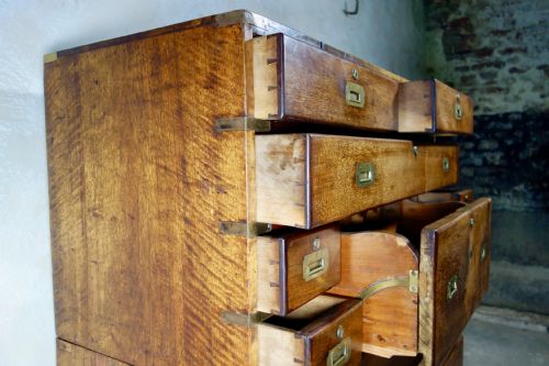 MILITARY BRASS MOUNTED MAHOGANY TWOPART SECRTAIRE CAMPAIGN CHEST OF DRAWERS - ADDITIONAL PHOTO 1