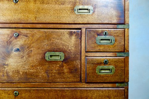 MILITARY BRASS MOUNTED MAHOGANY TWOPART SECRTAIRE CAMPAIGN CHEST OF DRAWERS - ADDITIONAL PHOTO 11