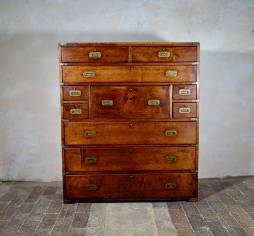 military brass mounted mahogany twopart secrtaire campaign chest of drawers - CATEGORY: ANTIQUE CHEST OF DRAWERS - DATED 19TH CENTURY