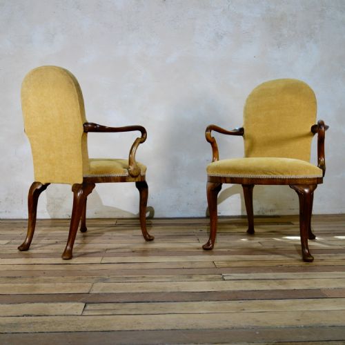 A PAIR OF ANTIQUE YELLOW UPHOLSTERED GEORGE I STYLE ARMCHAIRS - ADDITIONAL PHOTO 9