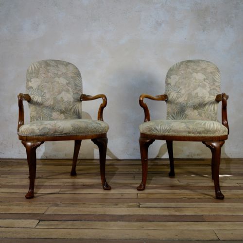 a pair of antique tapestry upholstered george i style shepherd crook armchair - CATEGORY: ANTIQUE CHAIRS - DATED 1910