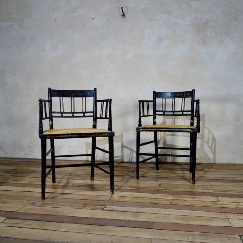 A PAIR OF REGENCY 19TH CENTURY EBONIZED GILDED OPEN ARM CHAIR CANED - ADDITIONAL PHOTO 5