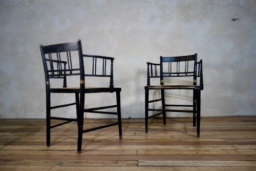 A PAIR OF REGENCY 19TH CENTURY EBONIZED GILDED OPEN ARM CHAIR CANED - ADDITIONAL PHOTO 2