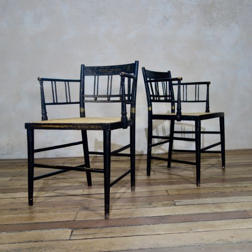 A PAIR OF REGENCY 19TH CENTURY EBONIZED GILDED OPEN ARM CHAIR CANED - ADDITIONAL PHOTO 12