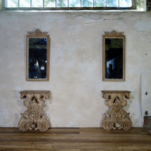 a charming near pair of bleached oak continental console tables with pier mirrors - CATEGORY: ANTIQUE TABLES - DATED 19TH CENTURY