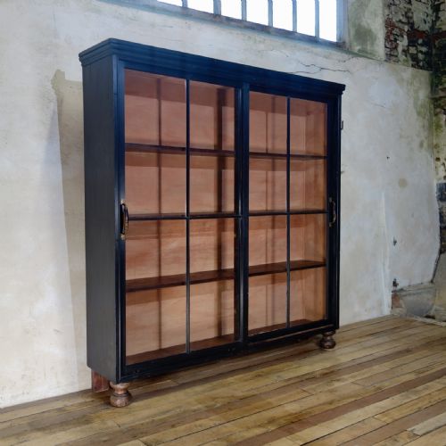 A 19TH CENTURY EBONISED GLAZED SLIDING DOOR APOTHECARY CABINET KITCHEN PAINTED - ADDITIONAL PHOTO 2