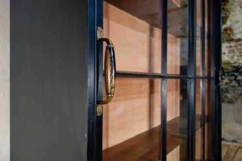 A 19TH CENTURY EBONISED GLAZED SLIDING DOOR APOTHECARY CABINET KITCHEN PAINTED - ADDITIONAL PHOTO 4