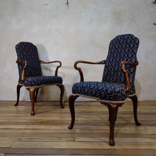 a pair of early 20th century queen anne upholstered open armchairs shepherd crook arms - CATEGORY: ANTIQUE CHAIRS - DATED 1900