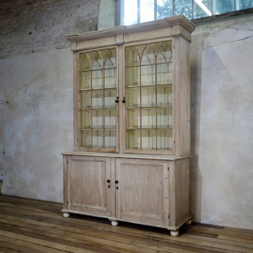 A 19TH CENTURY GOTHIC BLEACHED PINE GLAZED CABINET BOOKCASE - ADDITIONAL PHOTO 2
