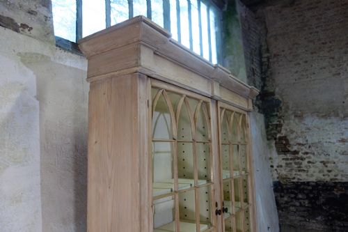 A 19TH CENTURY GOTHIC BLEACHED PINE GLAZED CABINET BOOKCASE - ADDITIONAL PHOTO 3