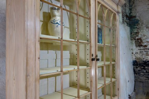 A 19TH CENTURY GOTHIC BLEACHED PINE GLAZED CABINET BOOKCASE - ADDITIONAL PHOTO 4
