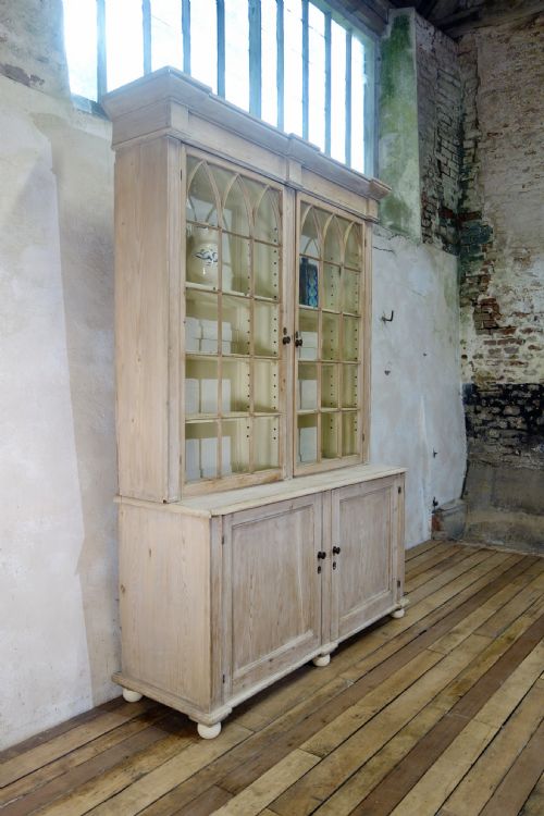 A 19TH CENTURY GOTHIC BLEACHED PINE GLAZED CABINET BOOKCASE - ADDITIONAL PHOTO 5