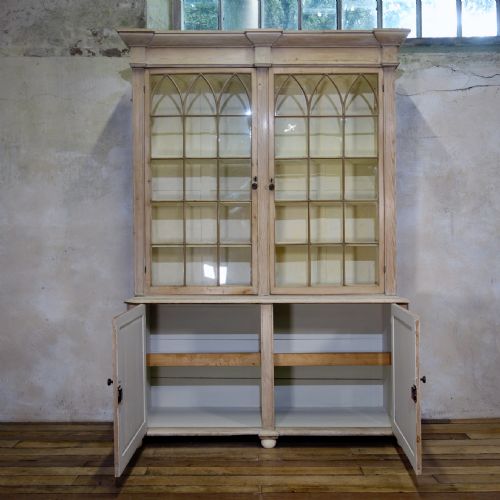 A 19TH CENTURY GOTHIC BLEACHED PINE GLAZED CABINET BOOKCASE - ADDITIONAL PHOTO 9