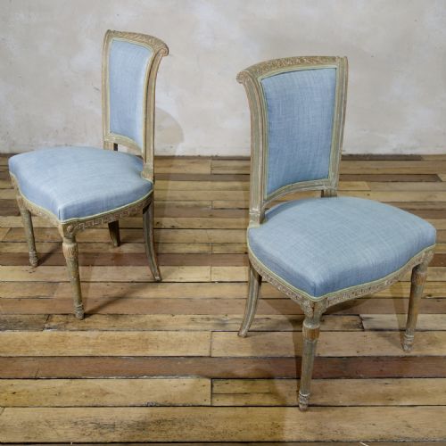 A PAIR OF FRENCH 19TH CENTURY LOUIS XVI STYLE UPHOLSTERED SERPENTINE SIDE CHAIRS - ADDITIONAL PHOTO 12