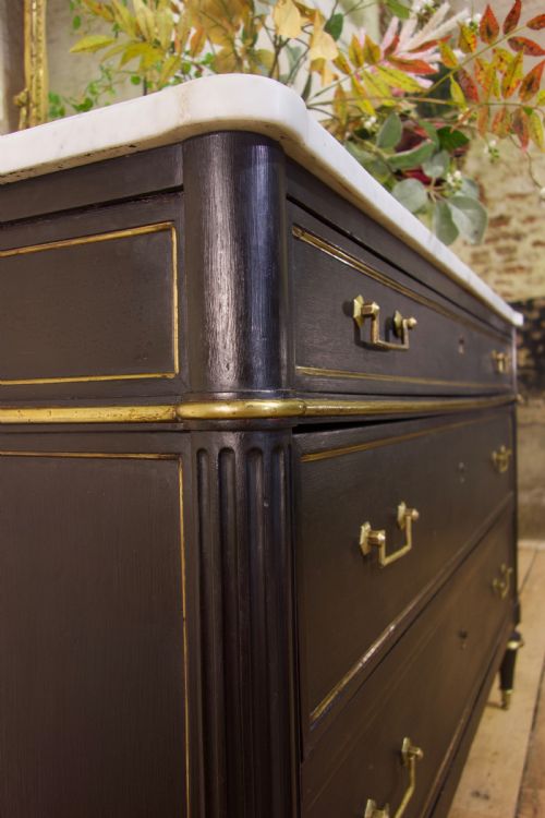 A LATE 19TH CENTURY LOUIS XVI STYLE THREEDRAWER COMMODE EBONISED MARBLE TOP - ADDITIONAL PHOTO 5